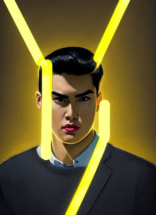 Image similar to portrait of young reggie mantle, mean smirk, egotistical, slicked back hair, striped yellow and black sweater, 1 9 5 0 s, intricate, elegant, glowing lights, highly detailed, digital painting, artstation, concept art, smooth, sharp focus, illustration, art by wlop, mars ravelo and greg rutkowski