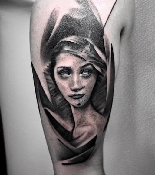 Image similar to tattoo design sketch of the most beautiful woman portrait faded to a background of beautiful mountains on her side, hyper - realistic, double exposure effect, in the style of den yakovlev, amazing detail, black and white, faded