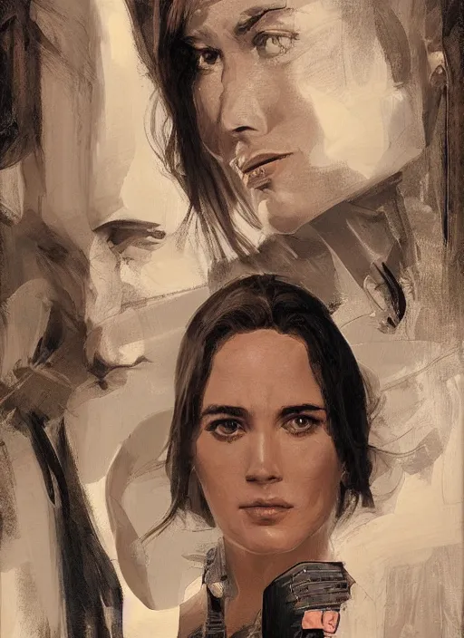 Image similar to detailed artwork by phil noto ; stylized painting of young jennifer connelly ; gal gadot ; eva green ; young jennifer connelly from the rocketeer ; brush texture ; asymmetric composition ; paint texture ; trending on artstation ; gallery painting by phil noto, comic style