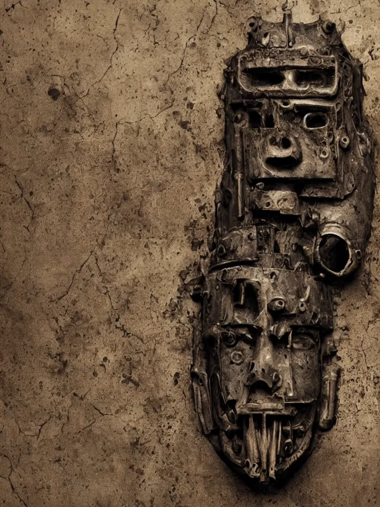 Image similar to extra wide view. an ominous dark ancient mask. barron. worn out photography. sepia. cracks. hyper - detailed. gothic steampunk. low poly medieval baroque. symmetric. epic. hyper - realistic. unreal render.