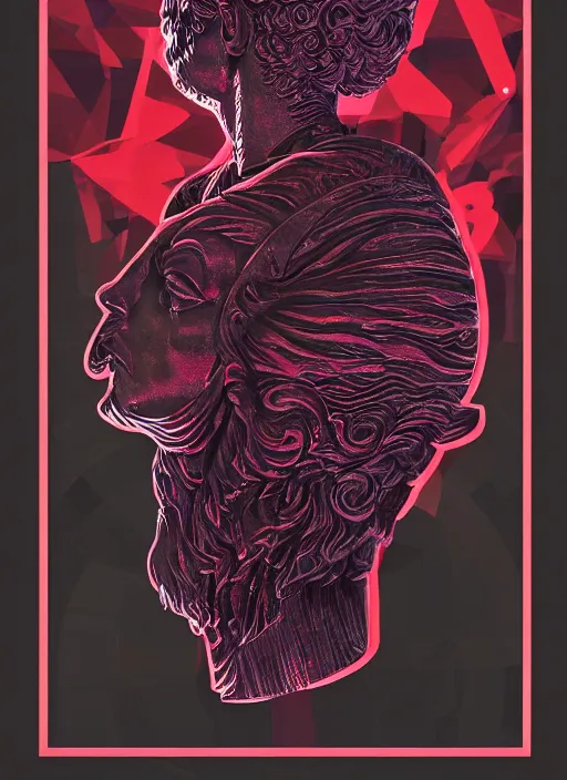 Prompt: design poster showing a statue of marcus aurelius, black background with very subtle red and purple design elements, powerful, nekro, graphic design, collage art, thin lines, dark, glitch art, neo vaporwave, gritty, layout frame, square, trending on artstation