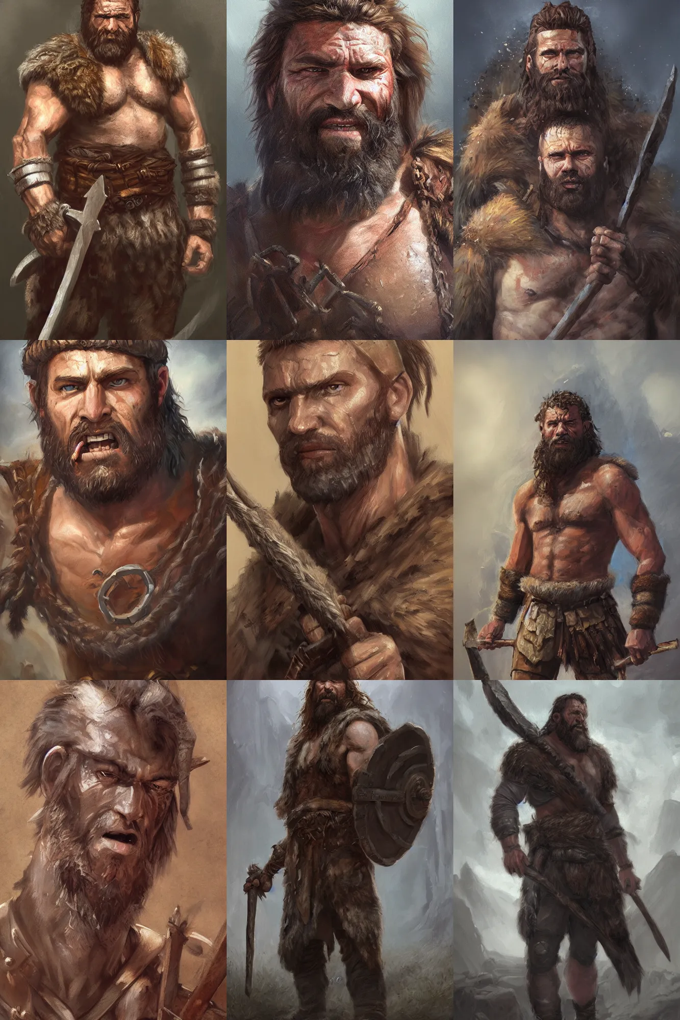 Image similar to a full body fantasy portrait oil painting illustration of a single rugged stoic barbarian man by Justin Sweet with face and body clearly visible, d&d, rpg, forgotten realms, artstation trending, high quality, sombre mood, artstation trending, muted colours, no crop, entire character,