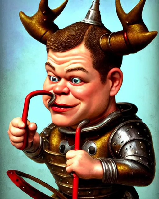 Image similar to highly detailed closeup, face profile portrait of a tin toy matt damon as a medieval demon with horns eating cakes in a castle, hyper realistic, artstation, illustration, nicoletta ceccoli, mark ryden, lostfish, dan decarlo, bob clampett, max fleischer, digital paint, matte paint, vivid colors, detailed and intricate environment