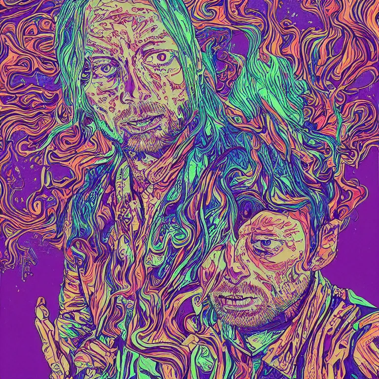 Image similar to beautiful colorful hyperrealist highly detailed psychedelic music poster'zombie thom yorke ', psychedelic art nouveau, beautiful high contrast colored wood engraving, moebius comic style, shocking detail trending on artstation 8 k