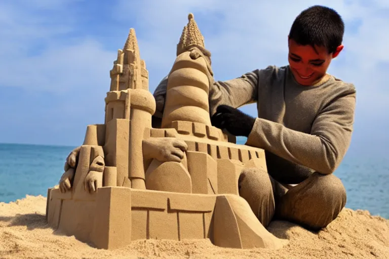 Image similar to a monkey touching a completed sand castle