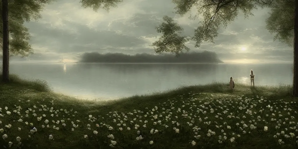 Image similar to the lake in the church is full of white roses, by mikko lagerstedt and makoto shinkai, trending on artstation, 8 k,
