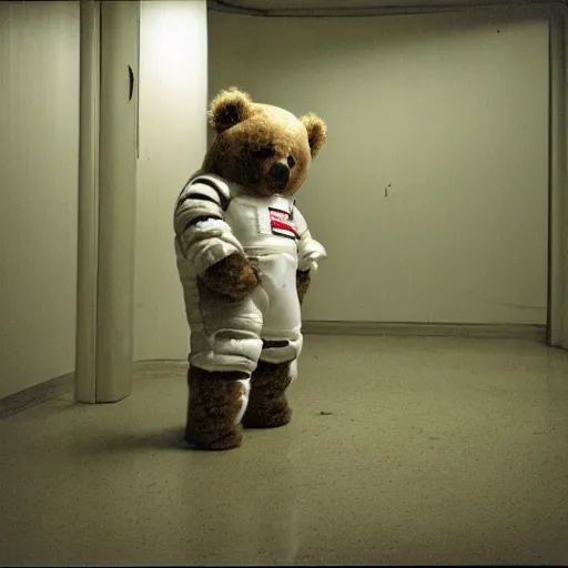 Image similar to lomo photo of teddy bear in spacesuit staying in front of abandoned hospital, dark, moody, foggy, gloomy.