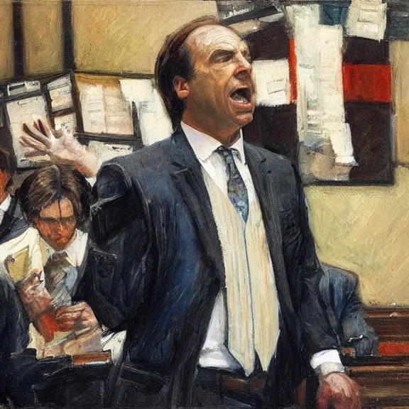 Image similar to saul goodman defending a case in court, painting by dean cornwell