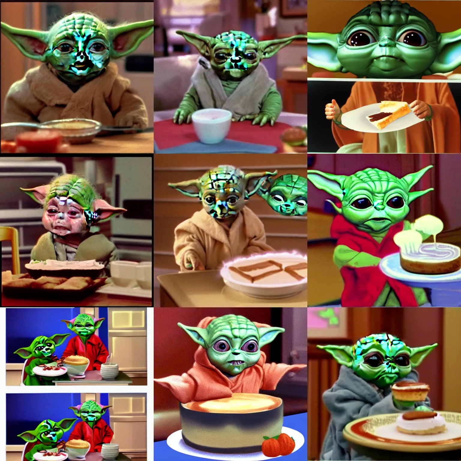 Prompt: 1 baby yoda ( 2 0 1 4 ) as sophia eating cheesecake on the tv show golden girls ( 1 9 8 5 ) hq, digital art, photorealistic, 4 k