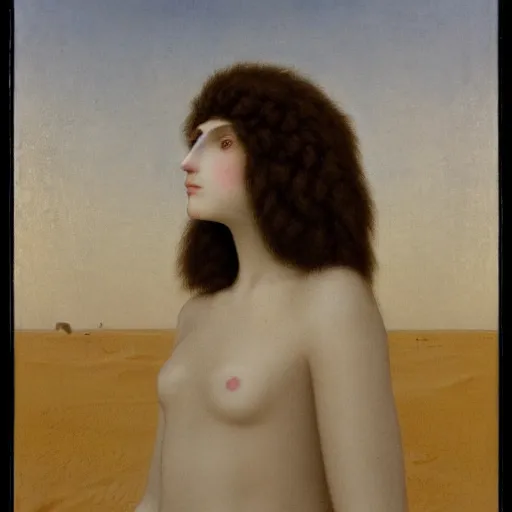 Prompt: Somewhere in sands of the desert, a shape with lion body and the head of a man, a gaze blank and pitiless as the sun, painted by Fernand Khnopff