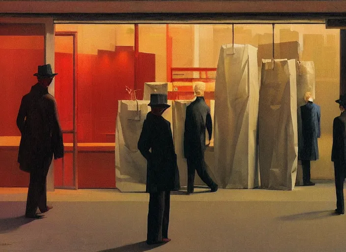 Image similar to people in paper bags at store display Edward Hopper and James Gilleard, Zdzislaw Beksinski, highly detailed