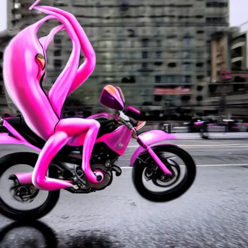Image similar to hyper realistic, photo, humanoid pink female Squid girl, popping motorcycle wheelie on fast in the rainy city traffic