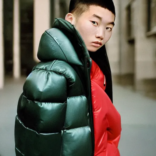 Image similar to realistic photoshooting for a new balenciaga lookbook, color film photography, portrait of a blonde asian woman, model wearing a puffer jacket, photo in style of tyler mitchell, 3 5 mm,