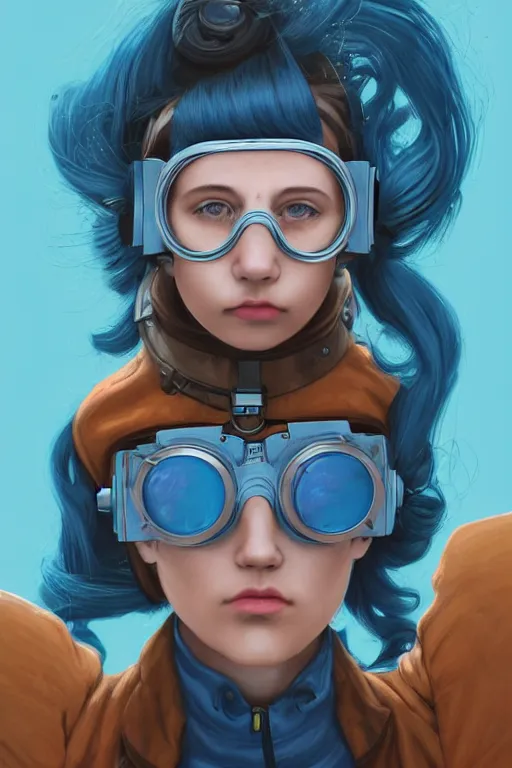 Image similar to portrait painting of a teenage girl with swept back wild blue hair, fashionable, windy, steampunk, reflective goggles, smirking, full body, flat color solid background color, sharp focus, award - winning, cinematic pose, cinematic lighting, trending on artstation, masterpiece, highly detailed, intricate. art by josan gonzales and moebius and deathburger