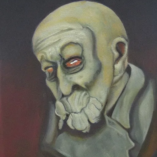 Image similar to a scary painting of an old man covered in mold