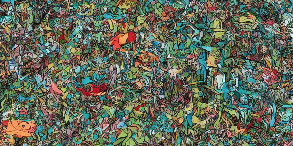 Image similar to escher style pattern of colorful animals