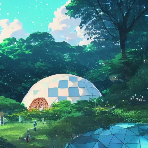 Image similar to geodesic dome in front of a lake with gardens and waterfall gapmoe kuudere moody lighting stunning bokeh highlights sharp contrast trending pixiv fanbox by victo ngai makoto shinkai takashi takeuchi studio ghibli