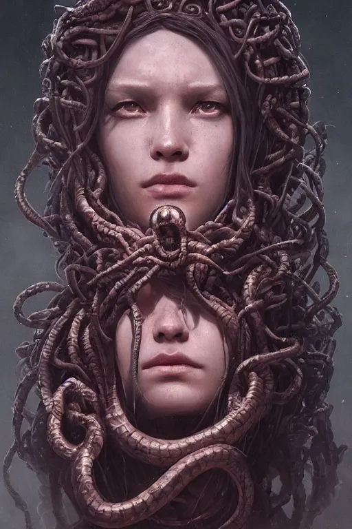 Image similar to A creepy portrait of medusa by Greg Rutkowski, Sung Choi, Mitchell Mohrhauser, Maciej Kuciara, Johnson Ting, Maxim Verehin, Peter Konig, Bloodborne , 8k photorealistic, cinematic lighting, HD, high details, dramatic, atmospheric , trending on artstation