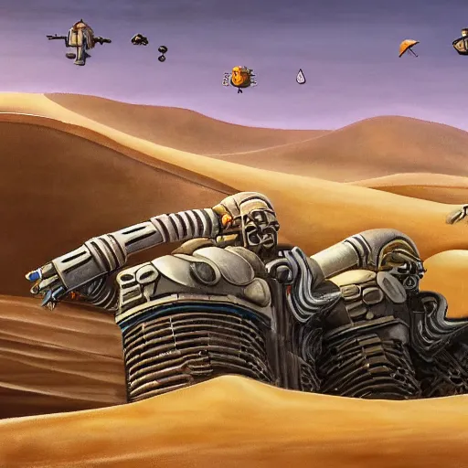 Prompt: painting of a sand landscape, futuristic, wreckage of ten giant, humanoid robots, oasis, 4 k