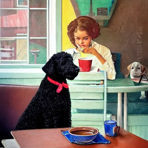 Image similar to Black Goldendoodle with a bright face and a puppy sitting at a diner drinking a cup of coffee, looking melancholy, Norman Rockwell style