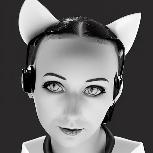 Image similar to cute young woman with robot ears and eyes, 4k, sharp focus, René Laloux