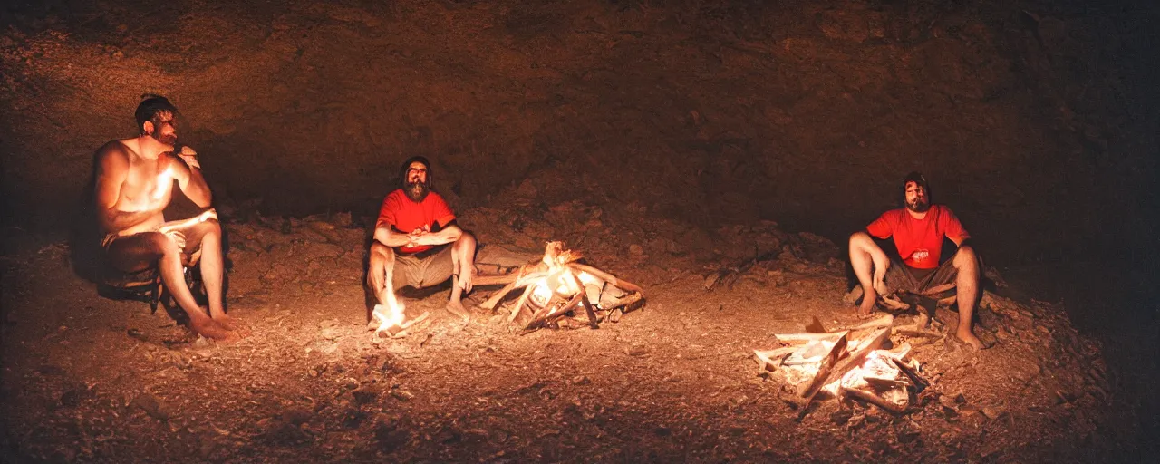 Image similar to caveman sitting alone next to a fire and a giant mound of spaghetti in a cave at night, canon 5 0 mm, super detailed face, facial expression, cinematic lighting, photography, retro, film, kodachrome