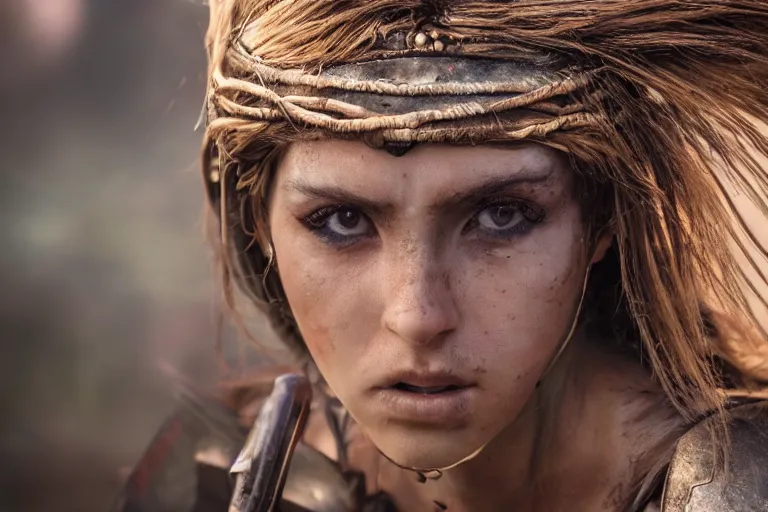 Image similar to close - up photo of a beautiful warrior princess in a battle scene, detailed eyes, shallow depth of field, photorealistic, cinematic lighting, warm colours, dusk