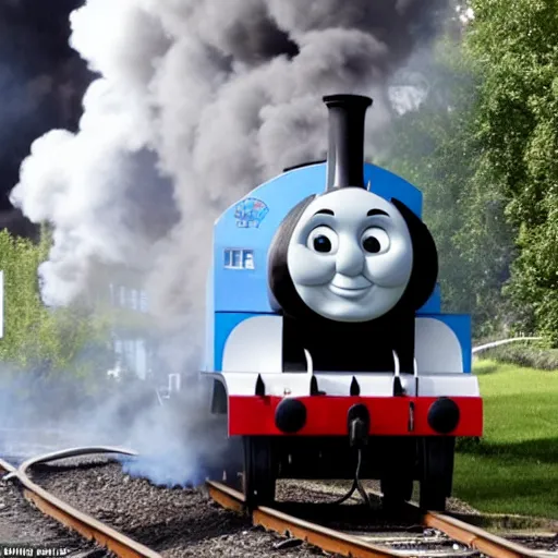 Image similar to Angry Thomas The Tank Engine blowing black smoke from his chimney at a climate protest