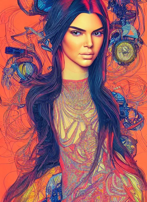 Image similar to portrait of kendall jenner an ultrafine detailed illustration by james jean, intricate linework, bright colors, final fantasy, behance contest winner, vanitas, angular, altermodern, unreal engine 5 highly rendered, global illumination, radiant light, detailed and intricate environment