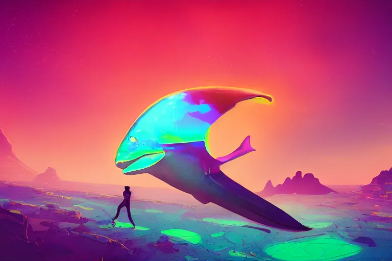 Prompt: a holographic projection of a huge colorful transparent shark appears in the desert at night, a man is stunned, by anton fadeev and beeple, highly - detailed, fantasy