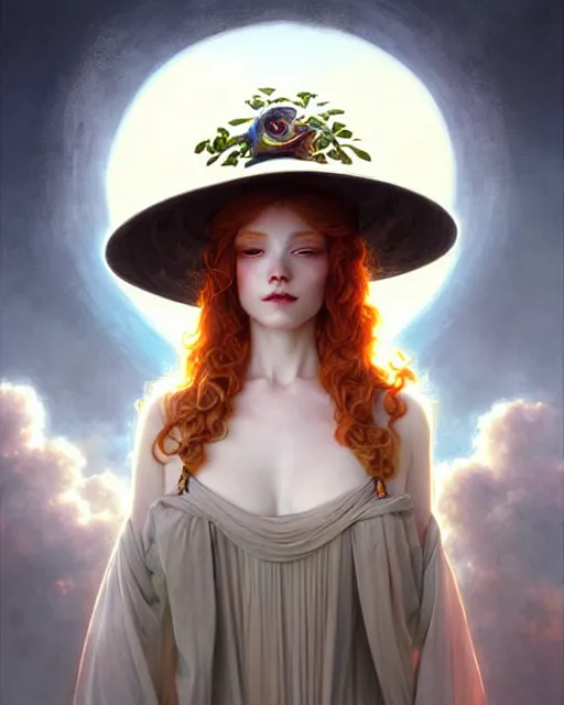 Image similar to Beautiful and playful ethereal ginger portrait, art nouveau, fantasy, with a hat made of clouds , elegant, highly detailed, sharp focus, art by Artgerm and Greg Rutkowski and WLOP