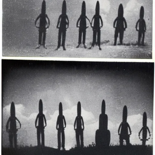 Prompt: polaroid photograph of aliens visiting earth, 1 9 5 0