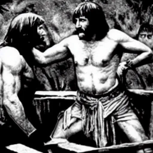 Prompt: zardoz arm wrestling rambo in heaven