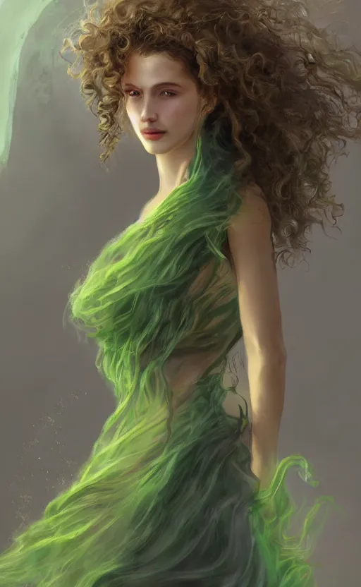 Image similar to a young woman with wild, curly hair and bright green eyes. she's wearing a flowing dress made of light, airy fabric and she has a mischievous look on her face, dynamic lighting, photorealistic fantasy concept art, trending on art station, stunning visuals, creative, cinematic, ultra detailed