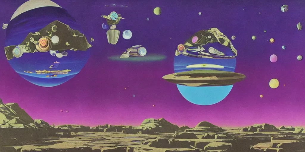 Image similar to surreal painting by chesley bonestell!!, twelve astronauts sitting by the river with a big holiday cake + psychedelic vegetation + purple, pink, blue + planets and stars + mystical fog, vintage sci - fi style of the 5 0 s, rule of the third!!!!, line graphics, 8 k, super detail, high quality