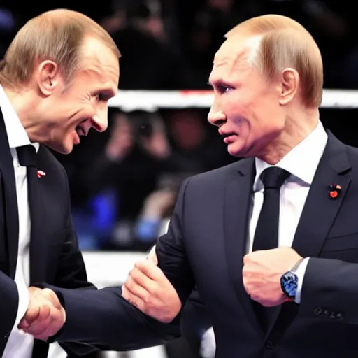 Prompt: macron and putin fighting in a ufc cage