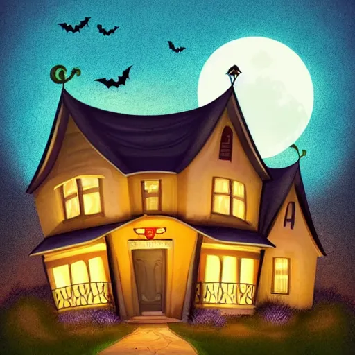 Image similar to very cute adorable digital Illustration of a Halloween house on a round small hill. Glaring lights coming out of the windows. backlit house, moon shining onto the house. Cinematic lighting, movie poster. Award winning digital illustration trending on artstation. art nouveau in the style of Émile Gallé. Very detailed and beautiful digital art