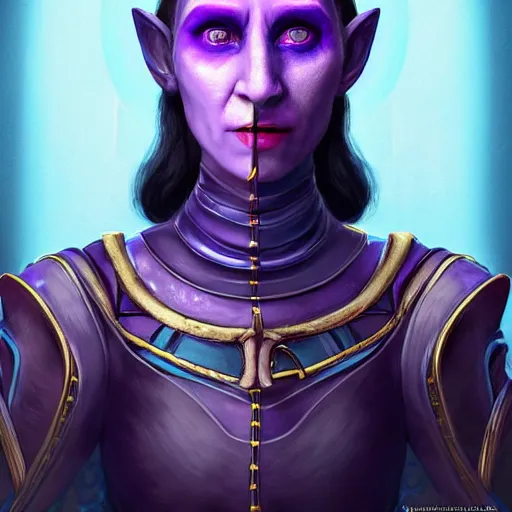 Prompt: A professional digital portrait painting of a female tiefling trickery domain cleric with blue skin dressed in light armor, 4k, digital art, trending on cgsociety, renaissance painting, highly detailed, head and shoulders shot, shallow depth of field, purple and yellow lighting, professional lighting, The Grand Budapest Hotel, airbrush, Hayao Miyazaki