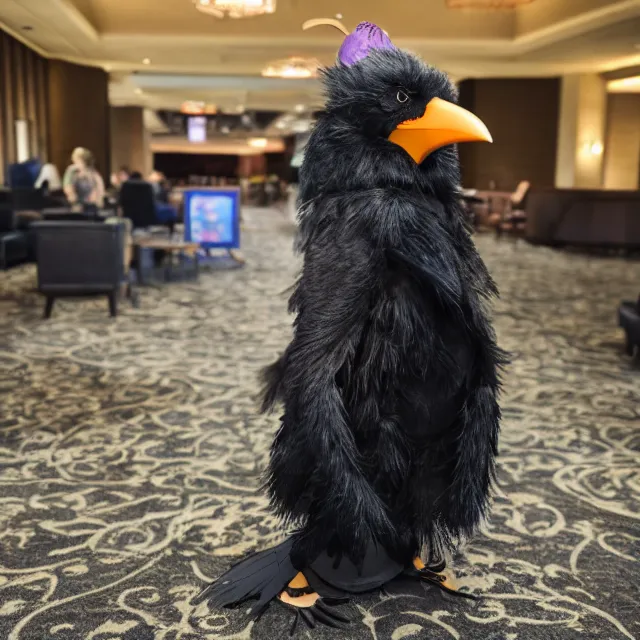 Prompt: a person wearing a fursuit of a crow fursona, fursona, furry convention, hotel lobby, indoors, photograph, furry fandom, photorealistic,