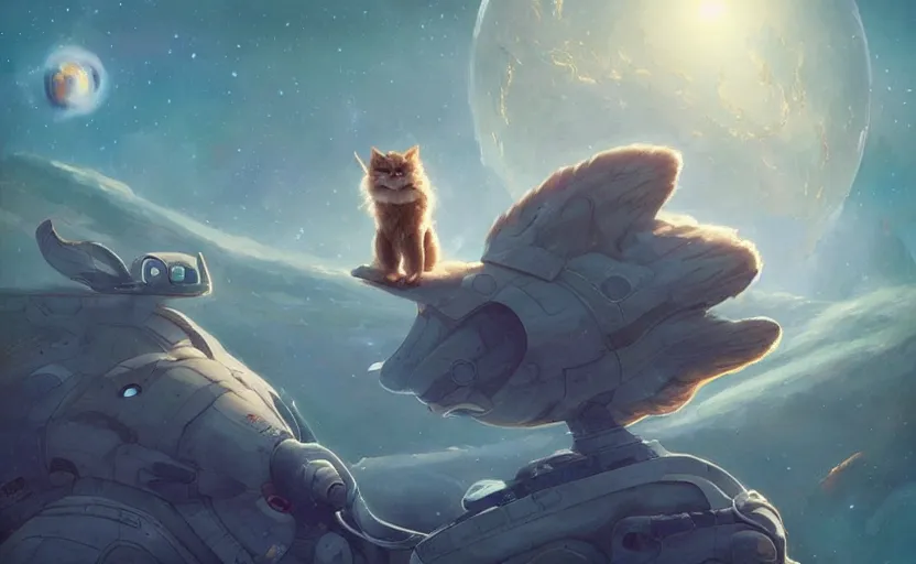 Prompt: a beautiful persian space cat sitting atop a small spaceship on an alien planet in a space opera studio ghibli film, volumetric lighting, beautiful composition, artwork by artgerm, loish, greg rutkowski