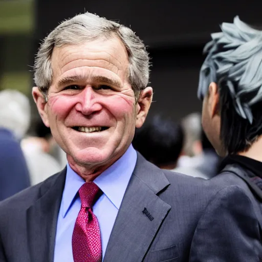 Prompt: photograph of George W. Bush cosplaying as Cloud Strife, Anime Expo, Comiket, 4k
