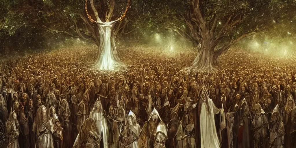 Prompt: Aragorn being crowned king under the white tree of Minas Tirith with a crowd of elves, lord of the rings, godrays, detailed painting, bloom, artstation