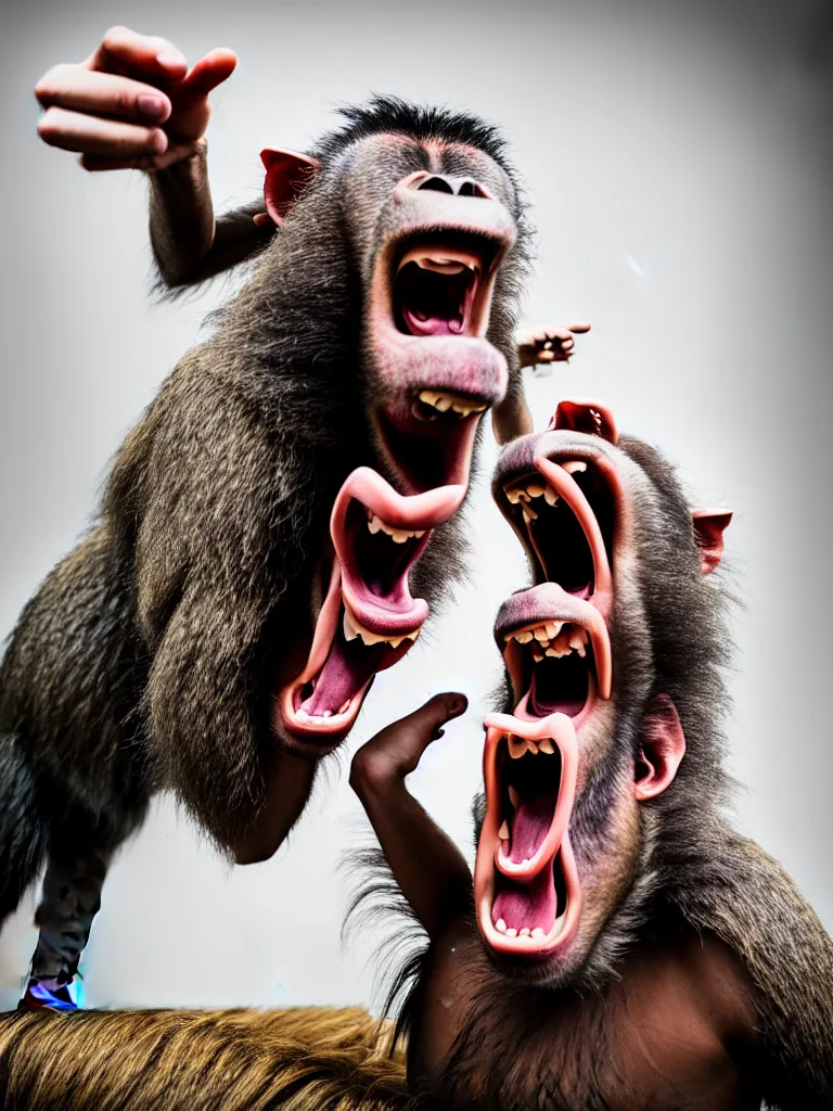 Prompt: a formal portrait photograph of a screaming man transforming into a baboon and horse simultaneously