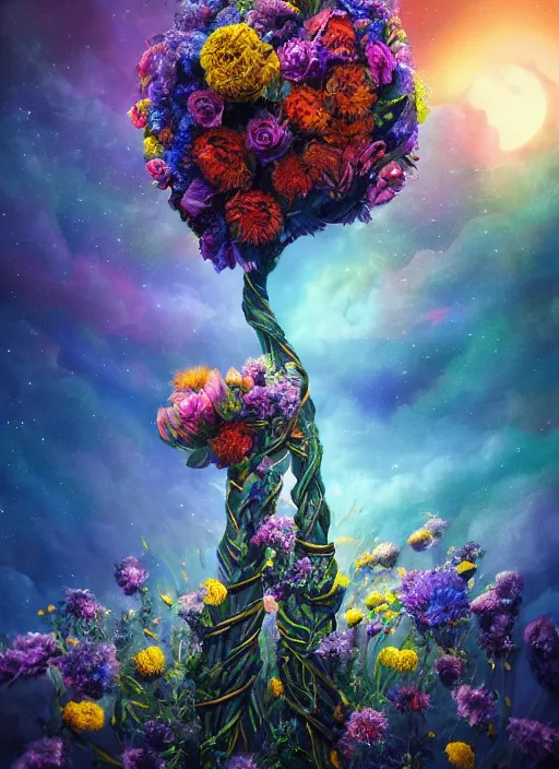 Image similar to An epic fantastic realism comic book style painting of the most beautiful entwined flowers launched across the dark galactic night sky, nebulous bouquets, fisheye lens, unreal 5, DAZ, hyperrealistic, octane render, dynamic lighting