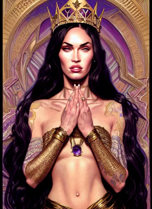 Image similar to portrait of megan fox as a queen, throne, jewelry, greek, amethyst, intricate, headshot, highly detailed, digital painting, artstation, concept art, sharp focus, cinematic lighting, illustration, art by artgerm and greg rutkowski, alphonse mucha, cgsociety