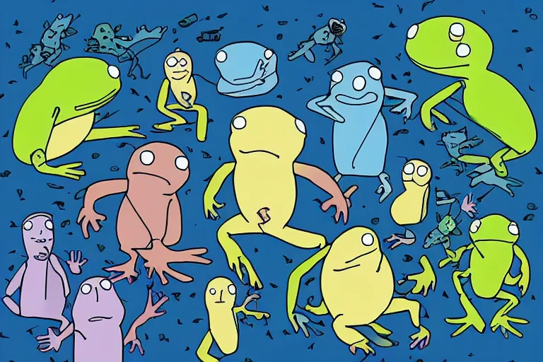 Image similar to “a group of baby harp seal cyborg warrior surrounding a group of ninja frogs, in the style of Rick and Morty”