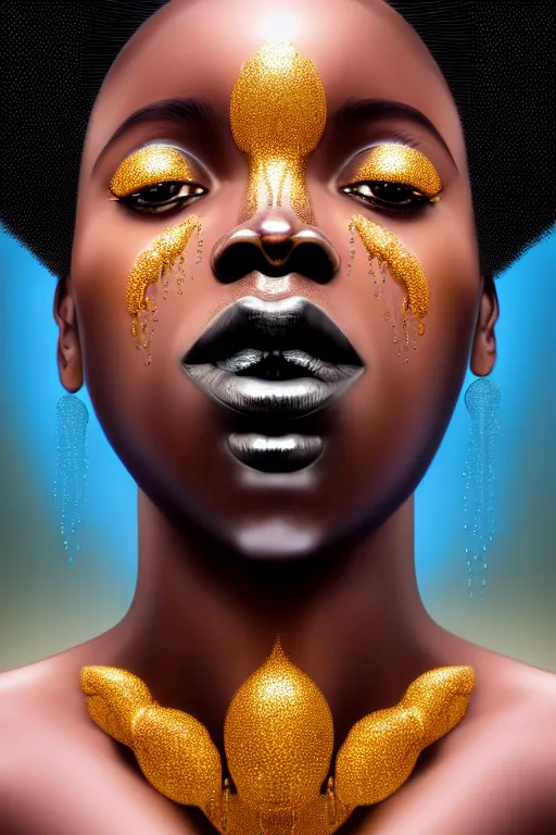 Prompt: hyperrealistic precisionist cinematic profile very expressive! black oshun goddess, in water! up to shoulders, mirror dripping droplet!, gold flowers, highly detailed face, digital art masterpiece, smooth eric zener jason limon, dramatic pearlescent turquoise light on one side, low angle uhd 8 k, shallow depth of field