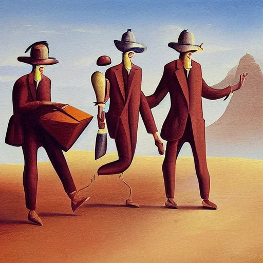 Image similar to a surrealism fantasy painting of the three men carrying a chest in the desert by finlay virgil