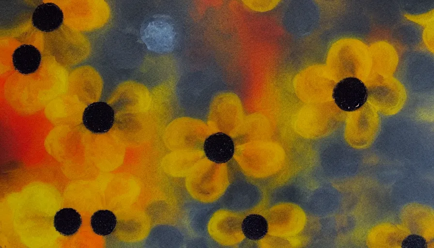 Image similar to black resin flowers, yellow earth, red sky, impressionism