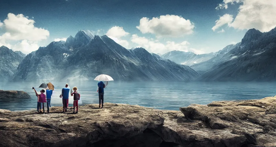 Image similar to An epic landscape photograph of a Mountainrange and a lake, with A family at the center of the image. The man is holding a blue umbrella in his right hand, unreal 5, DAZ, hyperrealistic, octane render, dynamic lighting